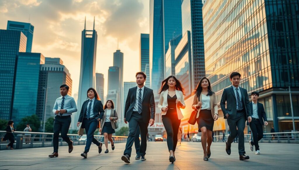 A bustling cityscape at dawn, with towering skyscrapers and sleek modern architecture reflecting the sun's warm glow. In the foreground, a group of young, dynamic-looking Japanese professionals stride purposefully, their faces filled with determination and optimism. They represent the future of the IT industry, ready to embrace the challenges and opportunities that lie ahead. The scene exudes a sense of progress, innovation, and the boundless potential of the digital age. The overall atmosphere is one of optimism, dynamism, and a forward-looking vision for the industry's trajectory.