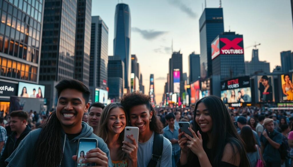 A bustling cityscape at dusk, the towering skyscrapers of a modern metropolis casting long shadows across the streets below. In the foreground, a group of young, vibrant YouTubers, their expressive faces illuminated by the glow of smartphone screens as they film content. The middle ground reveals a diverse crowd of viewers, their eyes glued to their devices, captivated by the creators' engaging performances. In the background, a kaleidoscope of billboards and digital signage showcases the exponential growth of the YouTuber industry, a testament to its rising prominence and influence. Soft, warm lighting and a sense of dynamism permeate the scene, capturing the energy and potential of this burgeoning market.