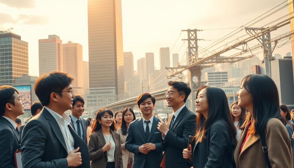 A bustling cityscape of Tokyo's vibrant career landscape, where young Japanese professionals navigate the dynamic customer engineer job market. In the foreground, a group of well-dressed individuals engage in animated discussions, their expressions conveying the excitement and uncertainty of new opportunities. The middle ground features a towering skyscraper, its glass facade reflecting the city's rapid technological growth. In the background, a network of elevated train tracks weaves through the urban skyline, symbolizing the fast-paced nature of the industry. Warm, golden lighting casts a dreamlike glow, evoking a sense of possibility and potential. The scene is captured through a wide-angle lens, emphasizing the scale and energy of the customer engineer job market.