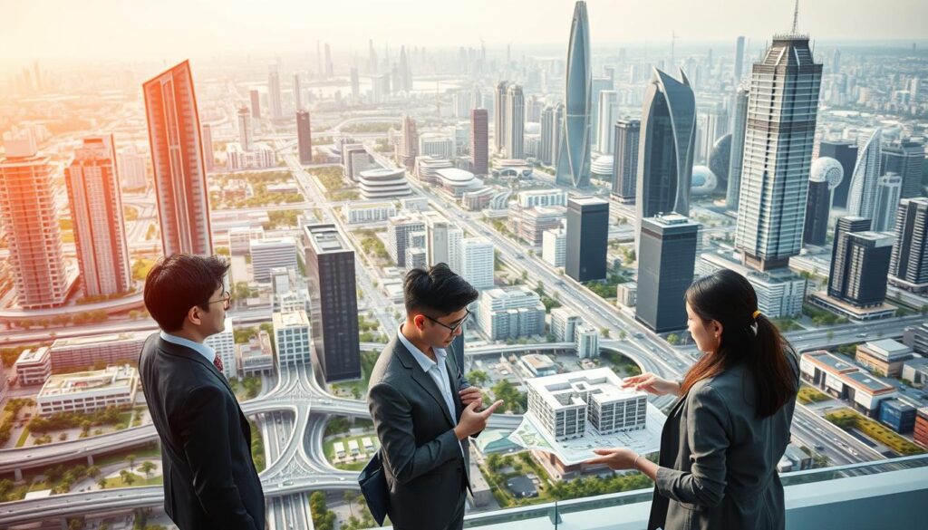 A bustling cityscape of a smart urban development, with a team of young Japanese-looking consultants collaborating on a futuristic city plan. In the foreground, a group of professionals examine digital renderings and architectural models under warm, natural lighting, their expressions focused and engaged. The middle ground features a mix of sleek high-rise buildings, green urban spaces, and sustainable transportation infrastructure. In the background, the city skyline stretches out, blending seamlessly with the horizon. The overall atmosphere conveys a sense of innovation, efficiency, and a harmonious integration of technology and the natural environment.