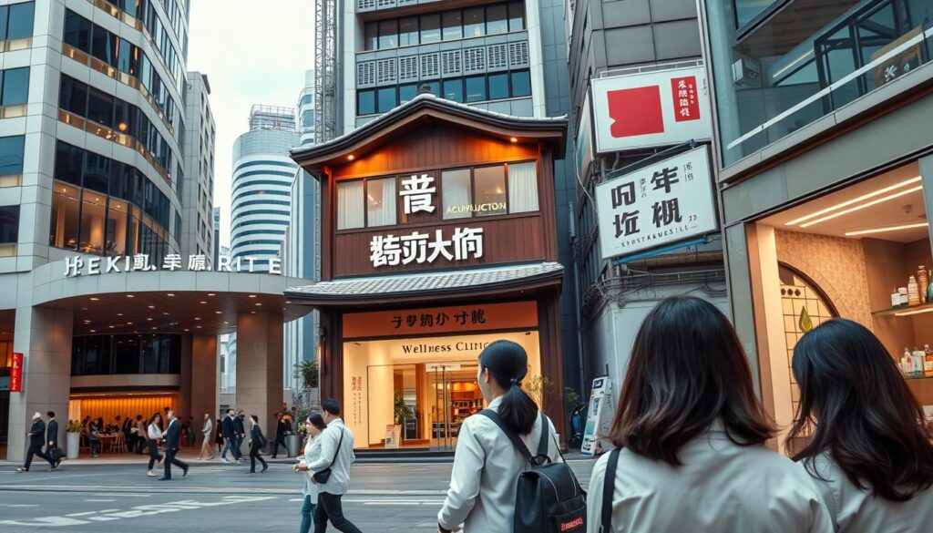 A bustling cityscape with a diverse array of workplaces for Japanese acupuncturists and moxibustion practitioners. In the foreground, a sleek modern hospital facade, its lobby bustling with patients and staff. In the middle ground, a traditional Japanese wellness clinic, its elegant signage beckoning passersby. Further back, a research laboratory where young, dark-haired scientists in lab coats carefully analyze data, contributing to the field's advancement. The scene is bathed in warm, natural lighting, conveying a sense of professionalism, innovation, and the ever-expanding horizons for this traditional Eastern healing art.