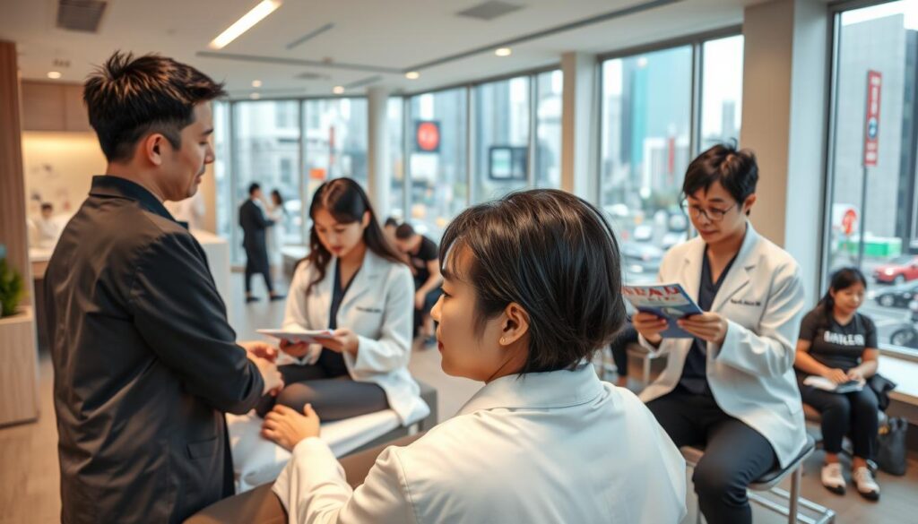 A bustling cityscape with a focus on a modern, well-equipped chiropractic clinic. In the foreground, three young, Japanese-looking patients are receiving treatment from attentive chiropractors. The clinic's interior features sleek, minimalist decor with clean lines and soothing neutral tones. The middle ground showcases the clinic's waiting area, where other patients sit and read informative brochures. In the background, the vibrant streets of a thriving metropolitan area are visible through large windows, hinting at the growing demand for chiropractic services. The overall scene conveys a sense of professionalism, comfort, and the rising popularity of this healthcare field in the Japanese market.
