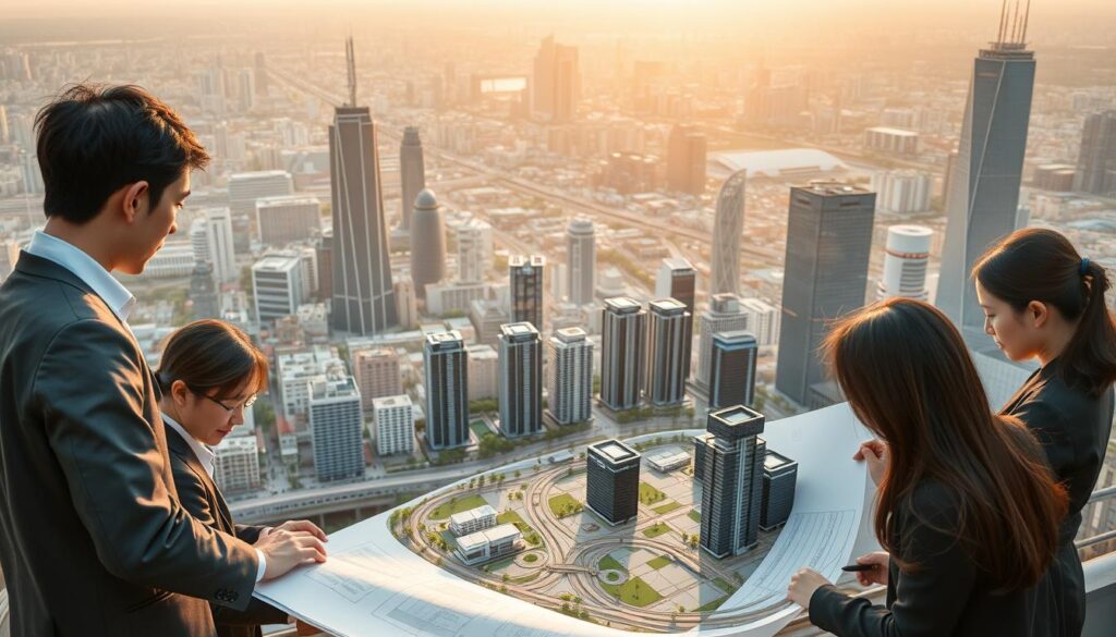 A bustling cityscape with a team of urban planning professionals collaborating on a comprehensive development project. In the foreground, a group of young, Japanese-looking individuals in business attire pore over detailed plans and diagrams, their faces focused and determined. Midground showcases a 3D model of the proposed urban design, with sleek skyscrapers, interconnected transit systems, and lush green spaces. The background reveals a panoramic view of the existing city skyline, bathed in warm, golden lighting that casts long shadows, creating a sense of scale and depth. The overall mood is one of calculated progress, with the team working in harmony to shape the future of the urban landscape.