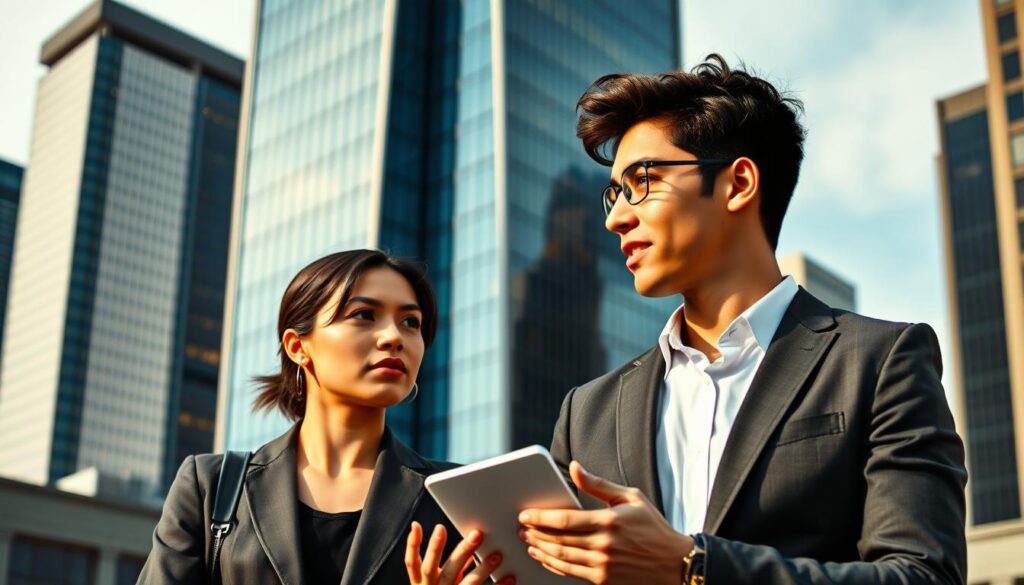 A bustling cityscape with a towering skyscraper in the background, its sleek glass facade reflecting the vibrant energy of the financial district. In the foreground, two young professionals, a male and a female, engaged in a lively discussion. The man, dressed in a sharp, tailored suit, represents the "sell-side" analyst, while the woman, in a stylish business attire, embodies the "buy-side" analyst. Their expressions convey a sense of intensity and focus, highlighting the distinct roles they play in the investment landscape. Warm, directional lighting illuminates their faces, emphasizing the gravity of their conversation and the significance of their work. The overall scene evokes a sense of professionalism, expertise, and the dynamic interplay between these two key players in the securities analysis field.