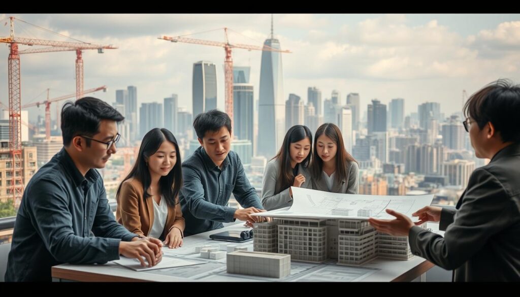 A bustling cityscape with cranes and skyscrapers in the background, symbolizing urban renewal and redevelopment. In the foreground, a diverse group of young, Japanese-looking urban planners, working together at a table covered with architectural plans and 3D models. They are engaged in deep discussion, their expressions thoughtful and focused, reflecting the dynamic nature of the redevelopment planning market. Soft lighting illuminates the scene, creating a sense of professionalism and productivity. The angle is slightly elevated, giving a panoramic view of the scene, conveying the scope and importance of the planners' work in shaping the city's future.