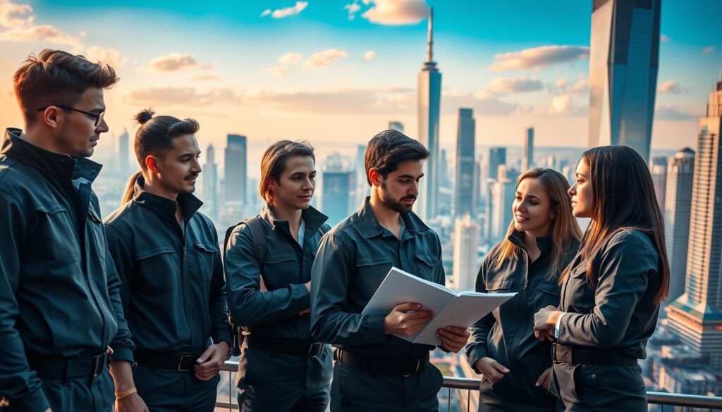 A bustling cityscape, with futuristic high-rises and gleaming skyscrapers reaching towards the sky. In the foreground, a team of young, dynamic pest control professionals, clad in sleek, efficient uniforms, collaborating on the latest innovations in their field. Their faces reflect a sense of purpose and optimism, as they plan out strategies to combat even the most challenging infestations. The lighting is warm and inviting, creating an atmosphere of progress and innovation. The overall scene conveys a vision of a thriving, technologically-advanced pest control industry, poised to tackle the challenges of the future with cutting-edge solutions and a dedicated, skilled workforce.