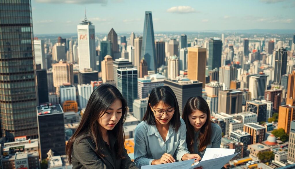 A bustling cityscape with skyscrapers and vibrant urban life, capturing the diverse industries and sectors that employ design producers. In the foreground, a group of young, professional-looking Japanese people collaborating on a design project, their expressions focused and engaged. The middle ground showcases a variety of workspaces, from sleek tech offices to colorful advertising agencies, each representing the different fields where design producers thrive. The background features a panoramic view of the city, hinting at the vast scope of opportunities available to skilled design producers. Warm, natural lighting illuminates the scene, creating a sense of productivity and creativity.