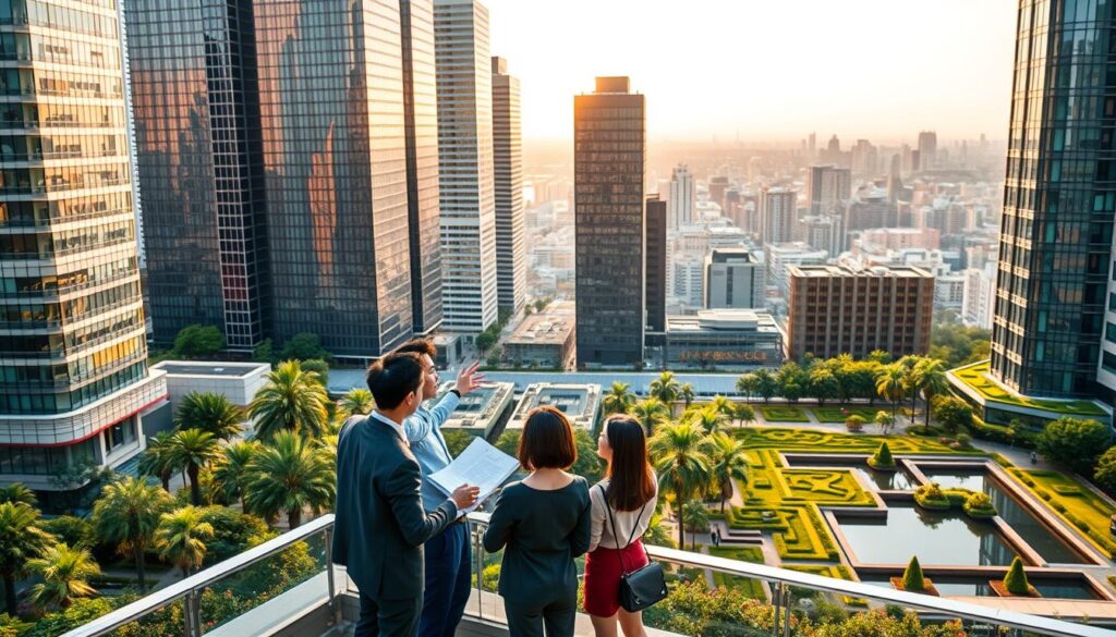 A bustling cityscape with towering modern buildings, their sleek exteriors gleaming under the warm sunlight. In the foreground, a group of young, stylishly dressed Japanese professionals admire the architecture, discussing plans and gesturing animatedly. The middle ground features lush greenery, well-manicured gardens, and water features that complement the urban landscape. In the background, a sprawling metropolis stretches out, hinting at the endless possibilities and growth of the exterior design industry. The scene exudes a sense of vibrancy, innovation, and a promising future for this dynamic field.