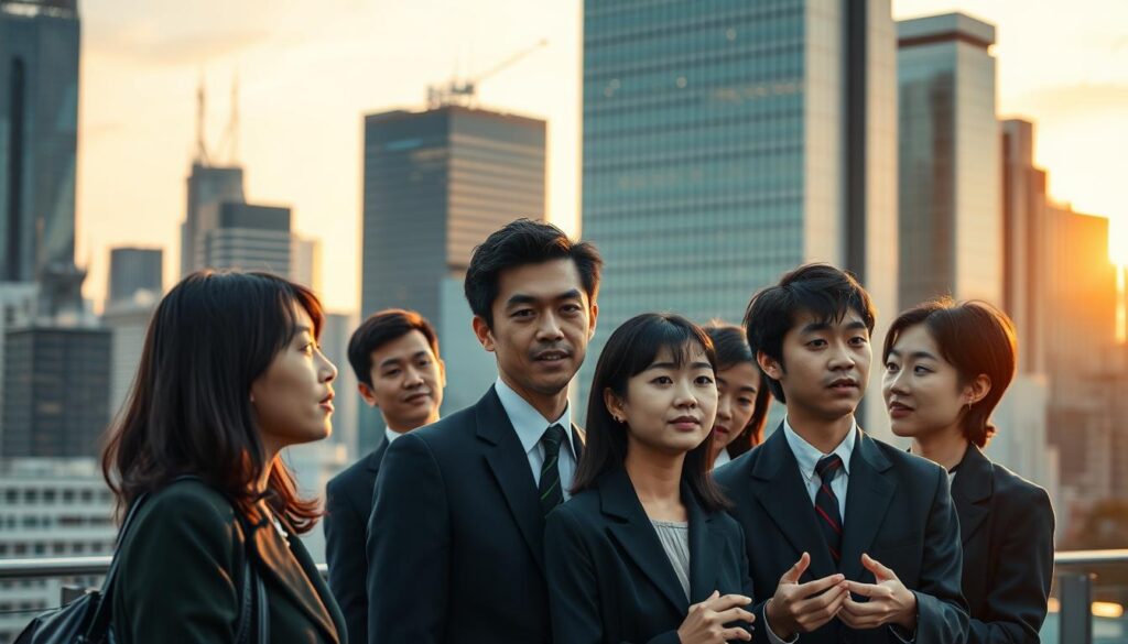 A bustling cityscape with towering skyscrapers and gleaming glass facades, illuminated by the warm glow of sunset. In the foreground, a group of young, focused professionals dressed in formal attire engage in animated discussions, their expressions conveying a sense of purpose and collaboration. The scene evokes an atmosphere of innovation, technology, and problem-solving, capturing the essence of the technocratic field. The lighting is soft and natural, casting subtle shadows and highlights on the subjects' features, which have a distinct Japanese aesthetic. The overall composition invites the viewer to imagine the diverse range of activities and expertise within the technocratic domain.