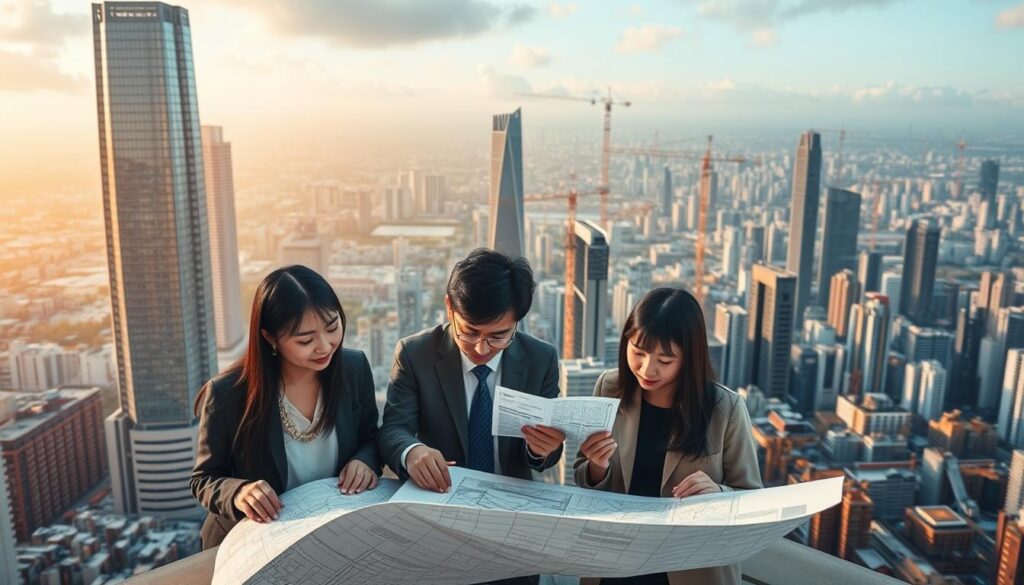 A bustling cityscape with towering skyscrapers and intricate infrastructure, conveying the complexity and dynamism of the urban planning consultancy industry. In the foreground, a group of young, professional-looking Japanese individuals pore over detailed architectural plans and maps, engaged in intense discussion. The middle ground features a panoramic view of the city, with cranes and construction sites dotting the landscape, hinting at the ongoing development projects. The background is bathed in warm, golden lighting, creating a sense of optimism and progress. The overall scene captures the heart of the urban planning consultancy market, its challenges, and the dedicated experts driving its evolution.