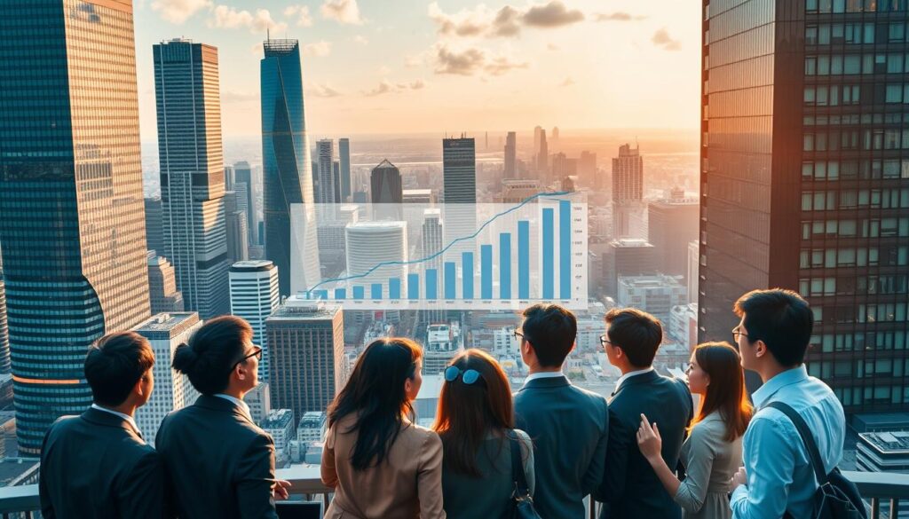 A bustling cityscape, with towering skyscrapers and modern architecture reflecting the dynamic nature of the public policy consulting market. In the foreground, a group of young Japanese professionals, dressed in business attire, engaged in animated discussions, representing the industry's vibrant and forward-thinking workforce. The middle ground features a series of charts and graphs, visualizing the market trends and growth trajectories, while the background showcases a panoramic view of the urban landscape, conveying a sense of scale and opportunity. The scene is illuminated by warm, natural lighting, creating a sense of optimism and progress, capturing the essence of the "業界動向と将来性" section of the article.