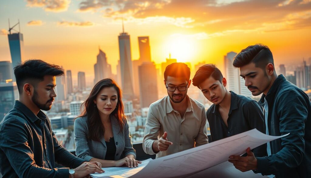 A bustling cityscape with towering skyscrapers and modern infrastructure, set against a backdrop of a vibrant, golden sunset. In the foreground, a group of young, ambitious-looking urban planners, their expressions focused and determined, gathered around a table, poring over blueprints and digital displays. The lighting is dramatic, casting long shadows and highlighting the details of their faces - sharp features, dark hair, and a sense of professional dedication. The overall atmosphere conveys the dynamic and challenging nature of the urban planning consultant's career path, with the city's growth and development as the canvas upon which they shape the future.