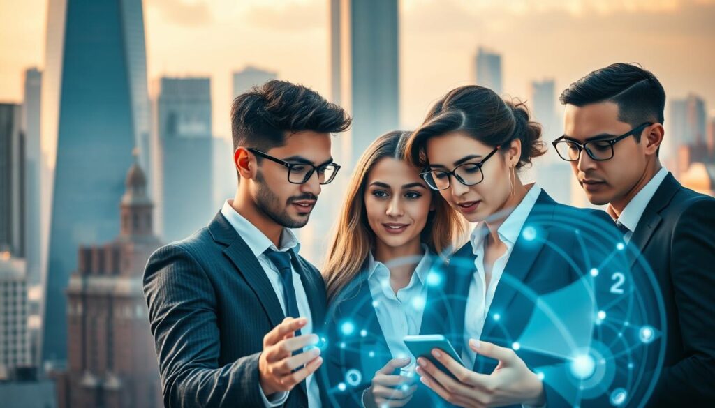 A bustling cityscape with towering skyscrapers in the background, reflecting the rapid growth and expansion of the consulting industry. In the foreground, a group of young, dynamic consultants collaborating intensely over a futuristic holographic display, illustrating the cutting-edge technologies and innovative approaches shaping the industry's evolution. Soft, warm lighting bathes the scene, conveying a sense of optimism and forward momentum. The consultants' expressions are focused, determined, and full of purpose, capturing the essence of the consulting profession's promising trajectory.