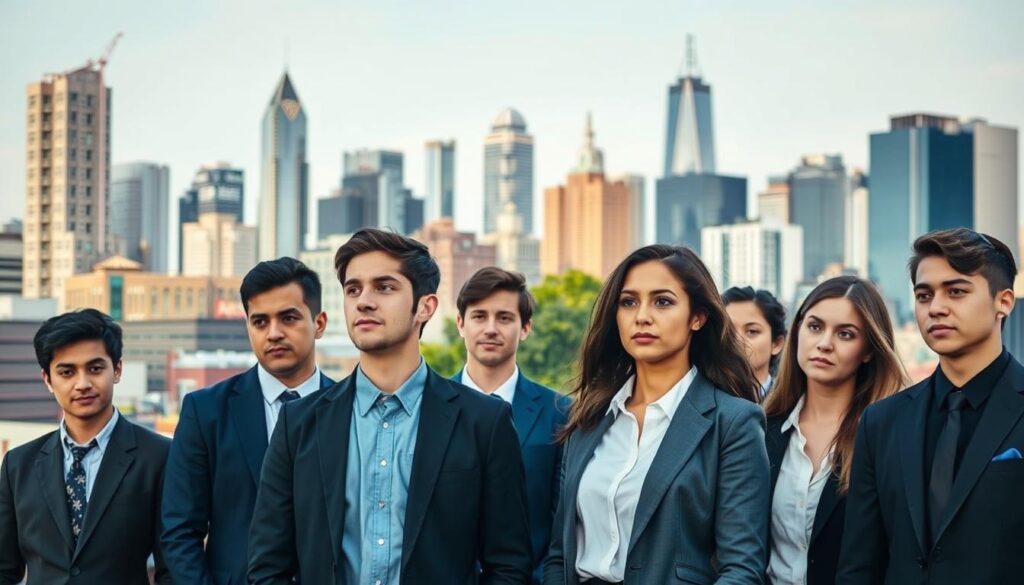 A bustling cityscape with various office buildings and skyscrapers in the background, representing diverse industries. In the foreground, a group of young professionals, each dressed in formal attire, standing side by side. Their expressions convey a sense of determination and ambition as they contemplate their career paths. The lighting is natural, casting a warm glow on the scene, capturing the optimism and potential of these individuals exploring different industries. The camera angle is slightly elevated, allowing the viewer to observe the scene from an impartial perspective, emphasizing the comparative nature of the image.