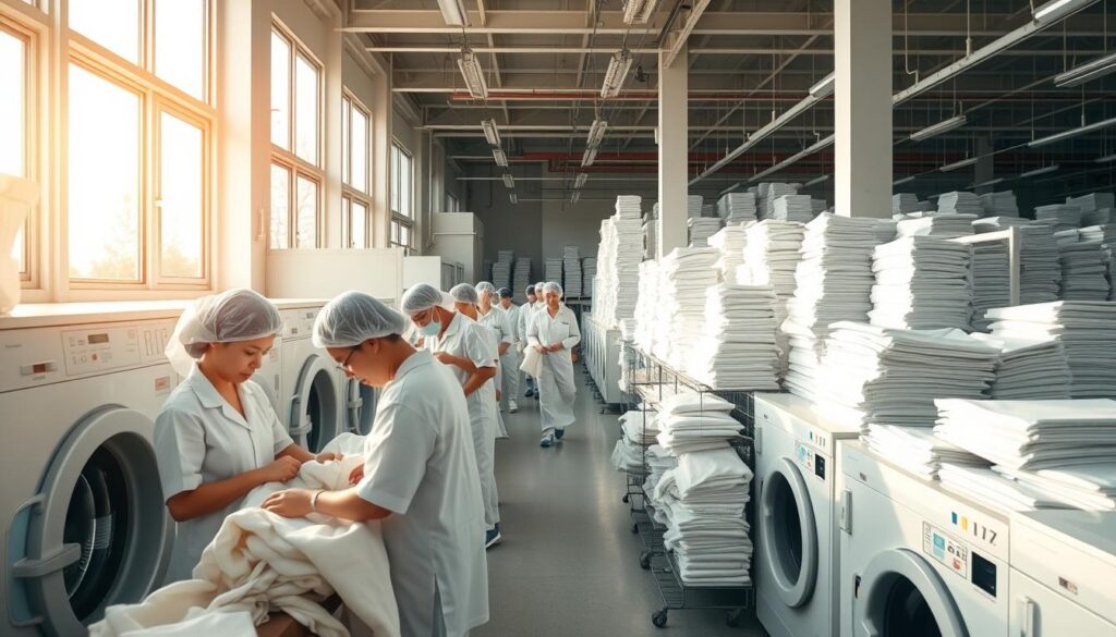 A bustling cleaning factory, workers in pristine white uniforms and hair nets move with practiced efficiency. Sunlight streams through large windows, casting a warm glow on the spotless industrial machinery. In the foreground, a group of young Japanese workers carefully inspect fabrics, sorting and organizing them with meticulous attention to detail. In the middle ground, automated washers and dryers hum, their cycles precisely timed. In the background, neatly stacked piles of cleaned and pressed garments await their return to customers, the culmination of this well-oiled operation. A sense of order and pride permeates the scene, reflecting the dedication of the skilled professionals who keep this essential industry running smoothly.