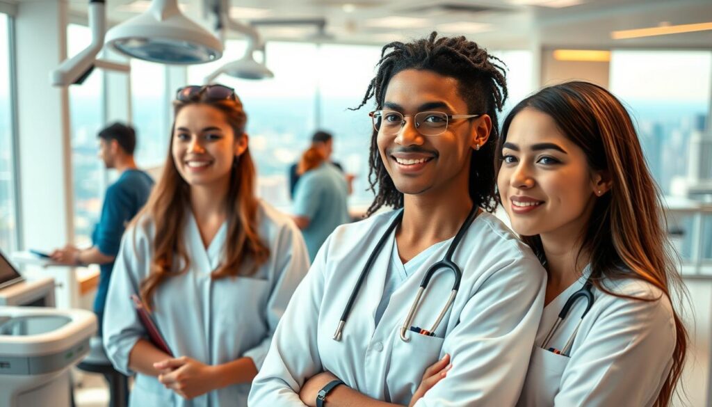 A bustling clinic, filled with the energy and potential of language therapists. In the foreground, a trio of young, dedicated professionals, their focused expressions conveying the depth of their expertise. Surrounding them, a vibrant, modern interior with sleek medical equipment and warm lighting, hinting at the advanced technologies at their fingertips. In the background, a panoramic view of a bustling cityscape, symbolizing the ever-growing demand for their specialized skills. The scene exudes a sense of optimism and possibility, capturing the future of this essential field.