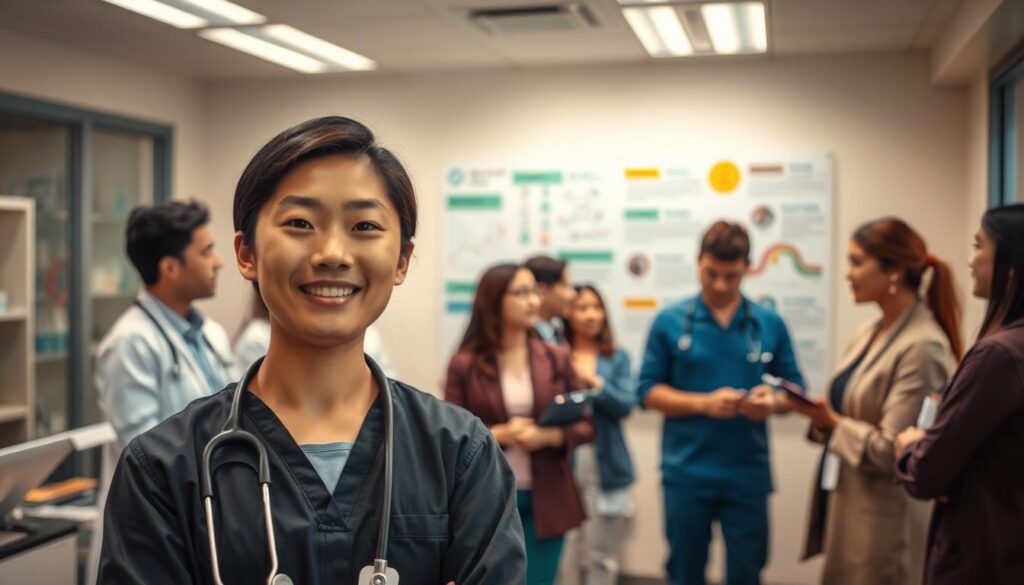 A bustling clinic, filled with the warm energy of healthcare professionals. In the foreground, a young, Japanese-looking speech-language pathologist stands, their face alight with purpose as they discuss the latest advancements in their field. Behind them, a team of diverse colleagues collaborate, sharing knowledge and insights, their expressions reflecting the fulfillment of a meaningful career. The space is bathed in soft, natural lighting, conveying a sense of professionalism and care. In the background, a vision board showcases the various career paths and opportunities available to those in this dynamic profession, inspiring the viewer to envision their own progression. The overall atmosphere radiates the dedication and passion inherent to the pursuit of this rewarding vocation.