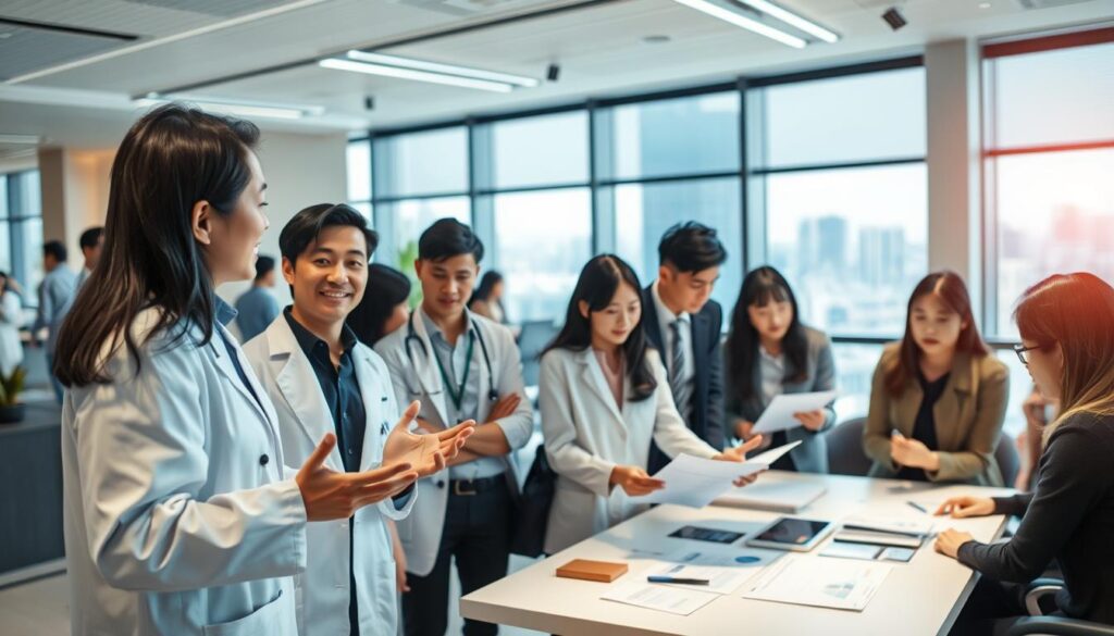 A bustling co-medical career development scene, showcasing a diverse group of young, Japanese-looking professionals engaged in various activities. The foreground features a central figure in a white coat, gesturing animatedly while discussing something with a colleague. In the middle ground, several individuals are gathered around a table, reviewing documents and charts, their expressions intent and focused. The background depicts a modern, well-lit office environment, with sleek furnishings and large windows overlooking a cityscape. The overall mood is one of productivity, collaboration, and a sense of forward momentum in the co-medical field.