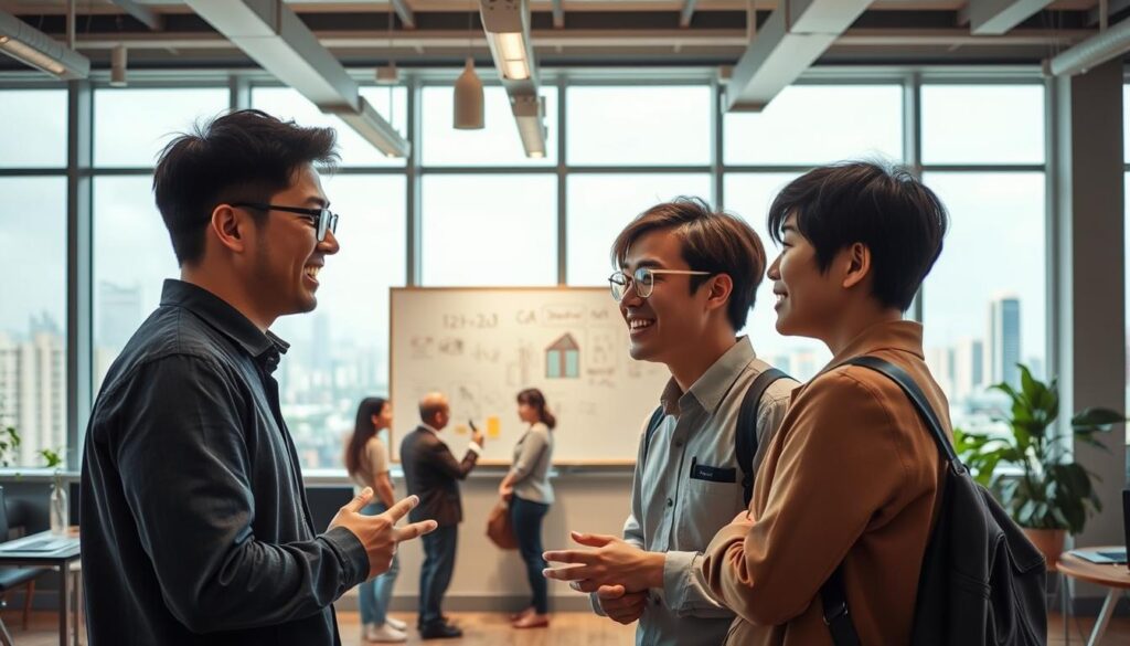 A bustling co-working space with abundant natural light, where young Japanese professionals collaborate and ideate. In the foreground, a pair of entrepreneurs engaged in an animated discussion, their faces exuding determination and passion. The middle ground features a trio of colleagues brainstorming on a wall-mounted whiteboard, their body language reflecting the excitement of self-employment. The background showcases a panoramic view of the city skyline, symbolizing the boundless possibilities of independent practice. The scene is captured with a cinematic wide-angle lens, emphasizing the sense of openness and opportunity. The overall mood is one of dynamism, optimism, and the empowering potential of striking out on one's own.
