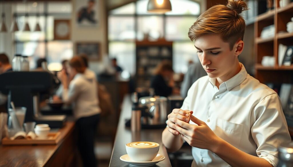 A bustling coffee shop with a well-lit counter, where a young, focused barista in a crisp, clean uniform meticulously prepares an intricate latte art. The scene captures the skill and concentration required to craft the perfect cup, while the background showcases the cafe's warm, inviting atmosphere, with wooden accents and natural lighting. The barista's expression reflects the passion and dedication inherent in their profession, highlighting the rewards and challenges of this specialized role. The image conveys the essence of the barista's work, from mastering the art of coffee-making to providing an exceptional customer experience.