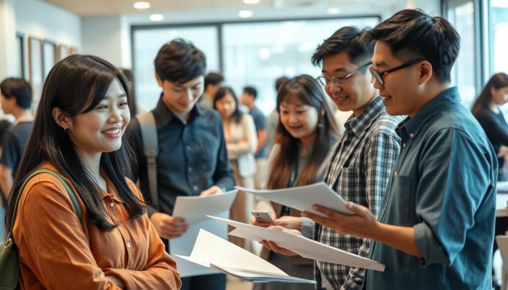 A bustling community hub, where a team of young, Japanese-looking social workers diligently engage with local residents. In the foreground, a caseworker listens intently, her warm expression conveying empathy. In the middle ground, others consult documents, brainstorm solutions, and coordinate group activities. The background reveals a well-appointed office, filled with the hum of activity and the sense of a community in motion. Soft, natural lighting illuminates the scene, creating a serene, approachable atmosphere. This image captures the essence of community-focused social work, where professionals work hand-in-hand with the people they serve to address local needs and foster social cohesion.