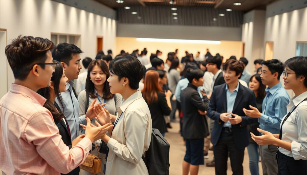 A bustling community of young, Japanese-looking interpreters gathered in a modern, well-lit setting. The foreground features a group of interpreters engaged in lively discussions, their hands gesturing animatedly as they communicate. In the middle ground, smaller clusters of interpreters can be seen networking and exchanging ideas. The background depicts a sleek, minimalist environment with clean lines and neutral tones, creating a professional yet dynamic atmosphere. Soft, diffused lighting illuminates the scene, lending a sense of warmth and camaraderie. The overall impression is one of a vibrant, interconnected community of skilled language professionals.