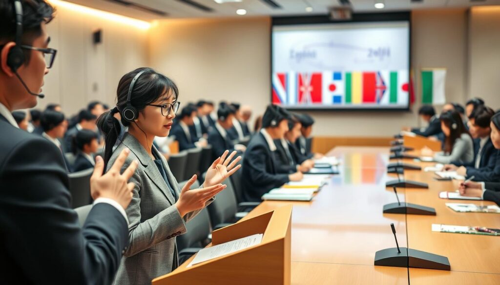 A bustling conference room filled with young Japanese interpreters, their faces radiating focus and professionalism. Soft, natural lighting illuminates the scene, capturing the gravity of their work as they engage in simultaneous translation, headphones firmly in place. In the foreground, a interpreter stands at a podium, her hands gesticulating with precision, while her colleagues diligently take notes around a long, polished table. The background features a large projection screen, displaying the international flags that symbolize the diverse clientele they serve. An atmosphere of intellectual rigor and cross-cultural exchange permeates the image, reflecting the demanding yet rewarding nature of the interpreter's profession.