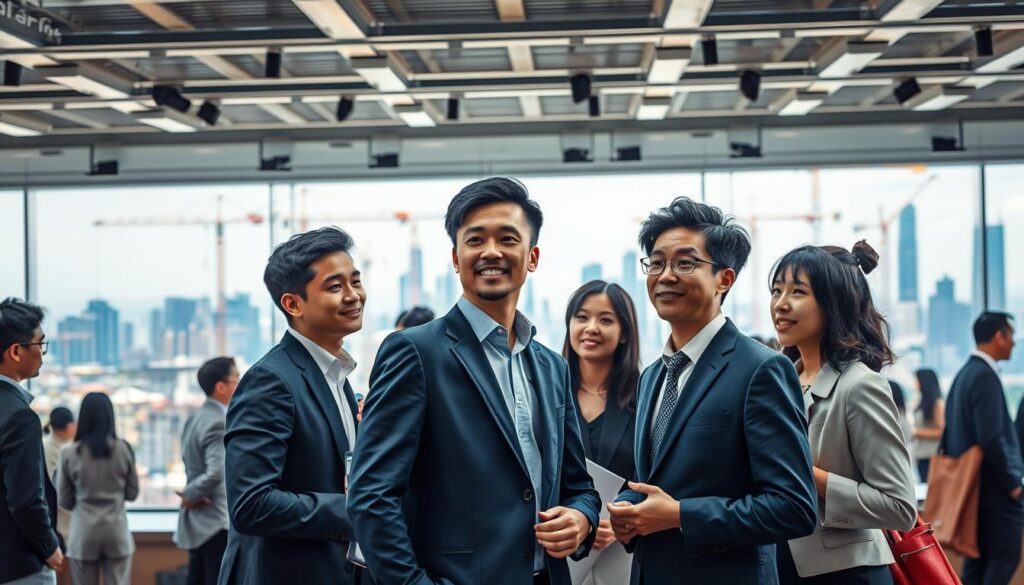 A bustling construction consulting job market, teeming with young, Japanese-looking professionals navigating the latest opportunities. In the foreground, a group of smartly dressed men and women engage in animated discussions, their expressions conveying a sense of optimism and determination. In the middle ground, a panoramic view of a modern cityscape unfolds, with towering skyscrapers and cranes dotting the skyline, symbolizing the constant evolution of the industry. The lighting is natural, casting a warm, inviting glow over the scene, and the lens captures the energy and dynamism of this thriving employment landscape. An atmosphere of growth, innovation, and promising career trajectories permeates the frame.