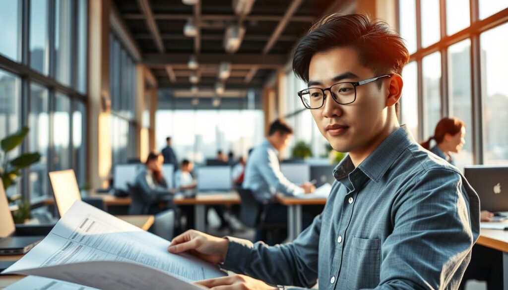 A bustling construction consulting office, bathed in warm natural light. In the foreground, a young, determined Japanese consultant reviews plans, their face exuding a sense of focus and drive. The middle ground reveals a team collaborating at their desks, discussing ideas and strategizing. In the background, large windows offer a cityscape view, hinting at the scale and impact of their work. The atmosphere is one of professional ambition, problem-solving, and the excitement of building a thriving independent practice. Crisp, high-resolution photography captures the scene, highlighting the consultants' youthful energy and technical expertise.