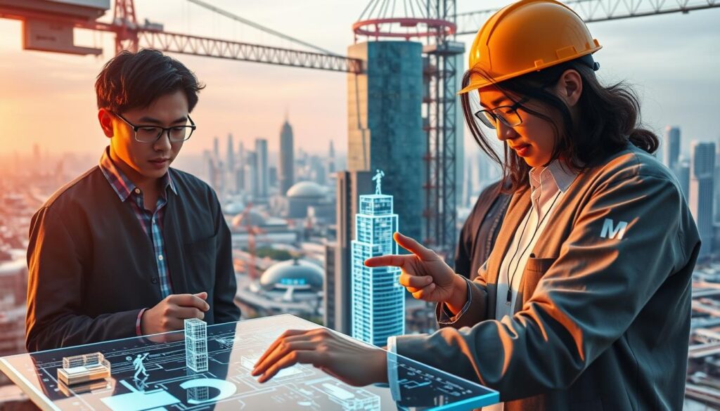 A bustling construction site comes to life, showcasing the future of the consulting industry. In the foreground, a team of young, tech-savvy Japanese professionals collaborate on a sleek, holographic display, their expressions filled with determination as they navigate the complexities of modern infrastructure projects. In the middle ground, a state-of-the-art building takes shape, its innovative design and sustainable features a testament to the industry's evolution. The background is a panoramic view of a futuristic cityscape, skyscrapers and cutting-edge transportation systems suggesting the transformative potential of the consulting field. Warm, diffused lighting casts a sense of optimism and progress, capturing the dynamic nature of the industry's changing landscape.