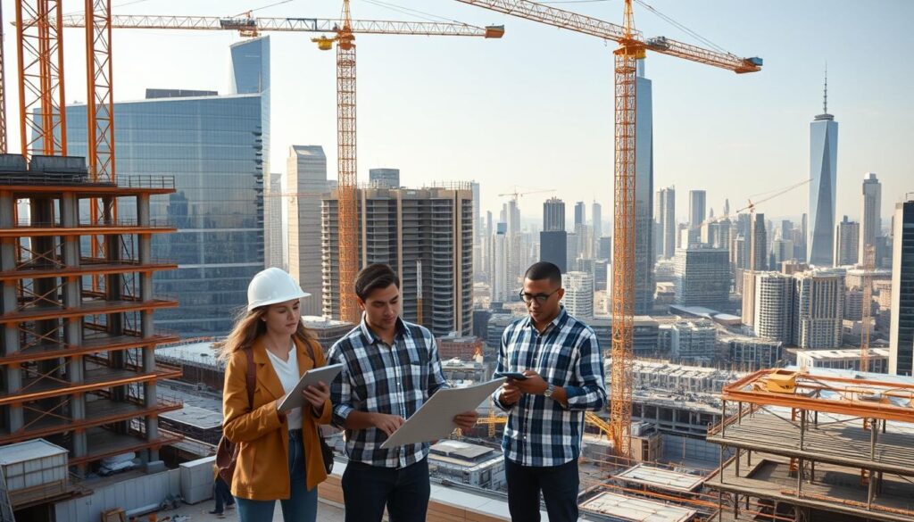 A bustling construction site in the heart of a modern metropolis, where towering skyscrapers and sleek, innovative designs take shape. In the foreground, a team of young, talented architects and engineers collaborate, their faces illuminated by the glow of digital screens and the promise of technological advancements. The middle ground features a mix of traditional and cutting-edge building materials, from sturdy steel beams to lightweight, energy-efficient panels. In the background, the city skyline stretches out, a testament to the industry's continued growth and evolution. The scene is bathed in a warm, golden light, evoking a sense of progress, collaboration, and a vision for the future of architecture.