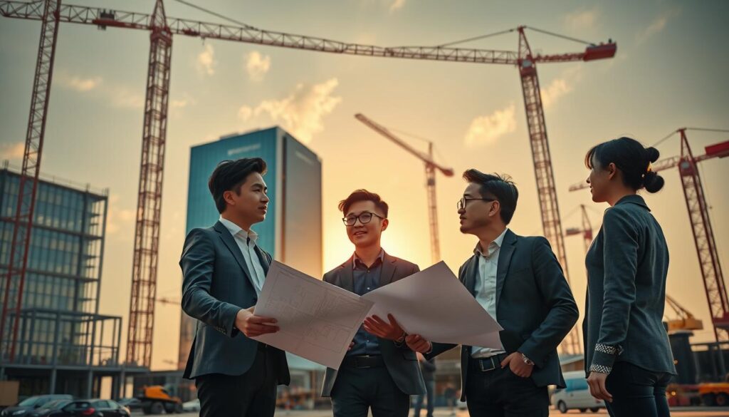 A bustling construction site, its framework rising into the sky. In the foreground, a team of young, dynamic Japanese-looking consultants collaborating, their faces focused and determined. One stands, gesturing with a blueprint in hand, while the others lean in, discussing plans and strategies. The middle ground features a sleek, modern office building, its glass facade reflecting the sun's rays. In the background, cranes and heavy machinery dot the horizon, symbolizing the ever-evolving nature of the industry. The scene is bathed in a warm, golden light, conveying a sense of progress and growth. A cinematic, high-resolution image captured through a wide-angle lens, showcasing the career progression and collaborative spirit of construction consultants.
