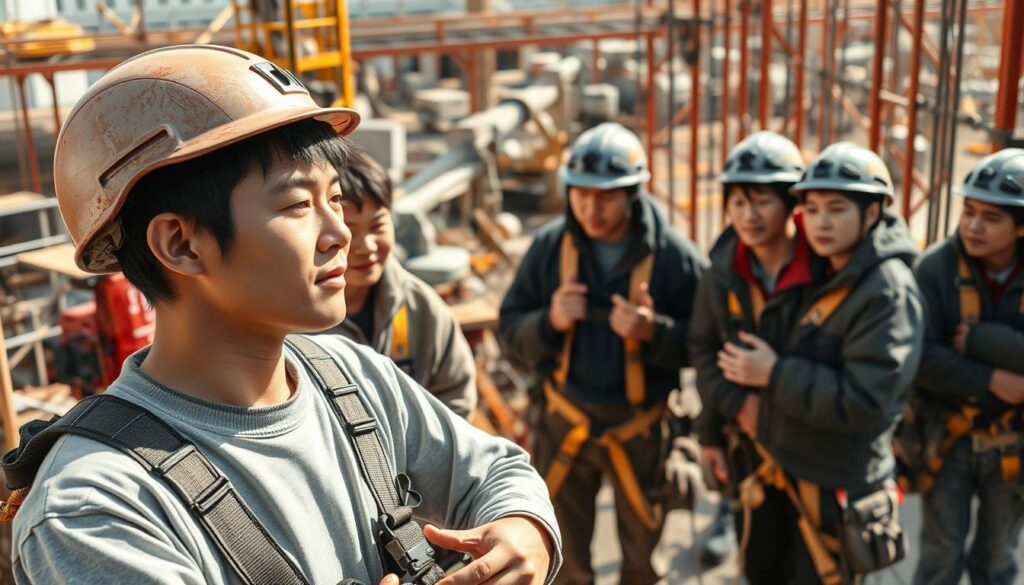 A bustling construction site, where a group of young Japanese laborers, their faces etched with determination, prepare to embark on their careers in the challenging field of "tobi" work. In the foreground, a worker diligently secures safety harnesses, their attention focused on the task at hand. In the middle ground, colleagues discuss the day's plans, gesturing animatedly as they plan their ascent to the scaffolding. The background is alive with the hum of machinery and the rhythmic clanging of tools, setting the stage for this transformative moment in their lives. Warm, natural lighting bathes the scene, casting a sense of optimism and opportunity as these novice workers take their first steps towards mastering the art of "tobi" work.