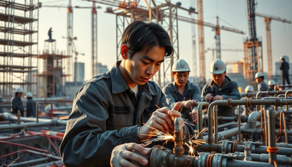 A bustling construction site where a team of skilled Japanese plumbers diligently work on an expansive network of pipes. The foreground features a young, dark-haired plumber carefully soldering a joint, his brow furrowed in concentration. In the middle ground, several plumbers troubleshoot a complex system of pipes, their faces determined as they discuss potential solutions. The background showcases the scale of the project, with towering scaffolding, cranes, and the silhouettes of other workers. Soft, natural lighting illuminates the scene, casting warm shadows and highlighting the precision of the plumbers' movements. The overall atmosphere conveys the high demand and promising future of the plumbing industry in Japan.
