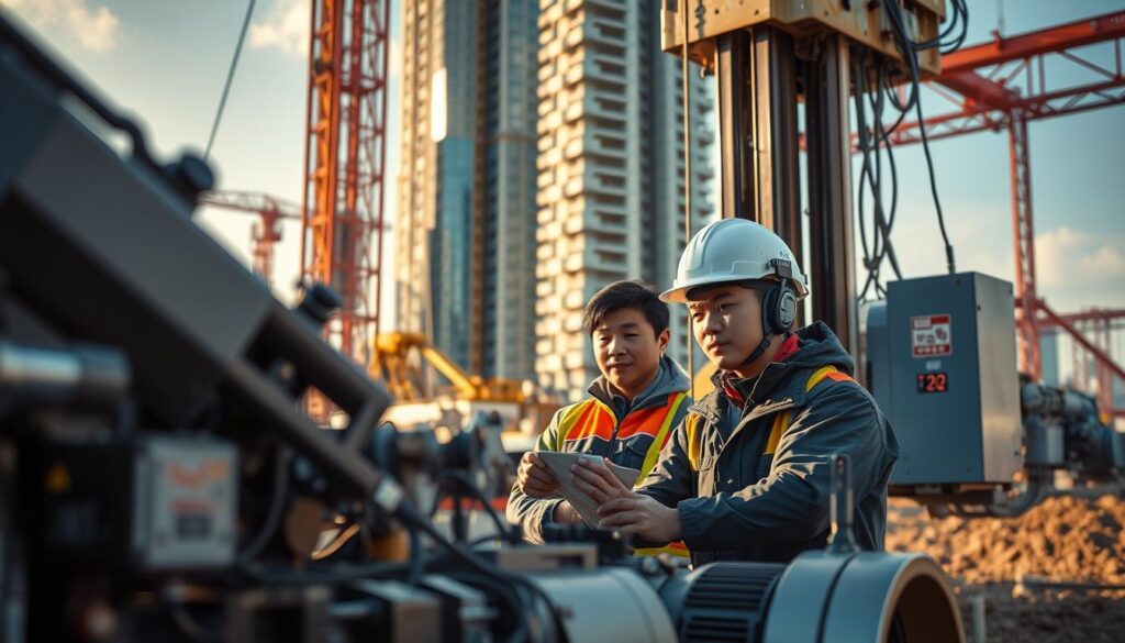 A bustling construction site, where a team of young, Japanese-looking engineers meticulously operate the latest drilling technology. Cutting-edge machinery adorns the foreground, their sleek, futuristic designs a testament to the industry's rapid advancement. In the middle ground, the engineers collaborate, their expressions focused and determined, as they harness the power of these innovative tools. The background showcases the towering, modern structures that will rise from the earth, a symbol of the dramatic transformation unfolding before our eyes. Warm, natural lighting casts a dynamic glow, highlighting the precision and efficiency of this cutting-edge drilling process. The scene conveys a sense of progress, innovation, and the human ingenuity that drives the evolution of the drilling industry.