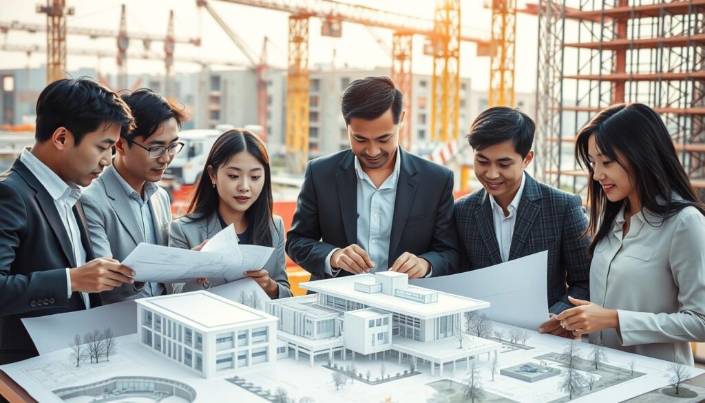 A bustling construction site, where a team of young, skilled architects collaborate on an intricate architectural project. In the foreground, a group of well-dressed, Japanese-looking professionals pore over blueprints and 3D models, their expressions focused and determined. The middle ground features detailed renderings of the building's design, showcasing its sleek, modern lines and thoughtful integration with the surrounding landscape. In the background, cranes and scaffolding loom, capturing the dynamic energy of the construction process. Soft, natural lighting filters through the scene, casting a warm, productive atmosphere. This image captures the specialized expertise and technical proficiency of a second-class architect, as they bring their vision to life.