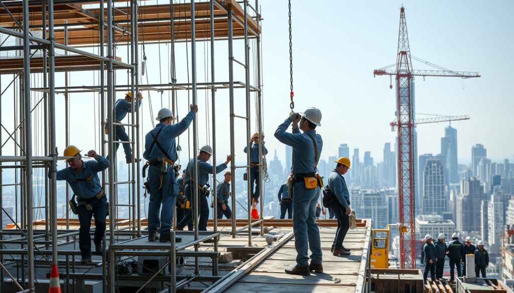 A bustling construction site, where agile workers in hard hats and sturdy boots navigate the scaffolding with precise movements. In the foreground, a team of skilled 鳶職 (tōbishi) specialists demonstrate their mastery, hoisting heavy equipment and securing the framework with practiced hands. The mid-ground reveals a diverse crew, each person contributing their unique expertise to the project, while the background showcases the evolving skyline, a testament to the鳶職's integral role in shaping the urban landscape. Soft, natural lighting bathes the scene, highlighting the focus and determination on the workers' faces as they chart their career paths, each step a testament to the pride and professionalism of the 鳶職 profession.