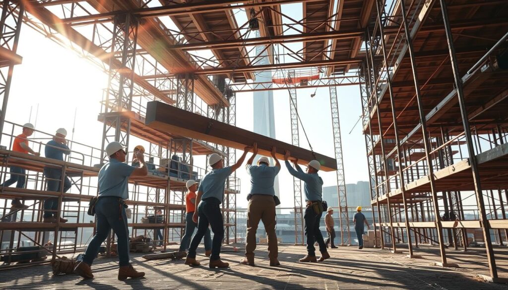 A bustling construction site, where agile workers in hard hats and sturdy work boots navigate the intricate scaffolding. Sunlight filters through the beams, casting warm shadows on their faces as they expertly handle heavy equipment and secure ropes. In the middle ground, a team carefully lifts a massive beam, their coordinated movements a testament to their skills. In the background, the towering structure they are building rises up, a testament to their craftsmanship. The atmosphere is one of focused intensity, as these skilled professionals go about their daily tasks with precision and care.