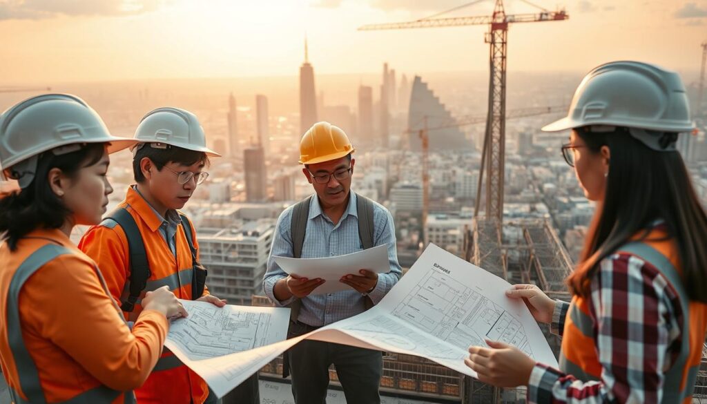 A bustling construction site, where young, Japanese-looking professionals in hard hats navigate intricate blueprints and oversee the progress of towering structures. In the foreground, a team of engineers collaborates, their expressions focused and determined. In the middle ground, a senior consultant reviews reports, guiding the junior staff through complex decisions. The background is a panoramic vista of the city skyline, bathed in warm, golden light, symbolizing the growth and prosperity that these consultants help to shape. The scene conveys a sense of dynamism, teamwork, and the rewarding challenges of a career in construction consulting.
