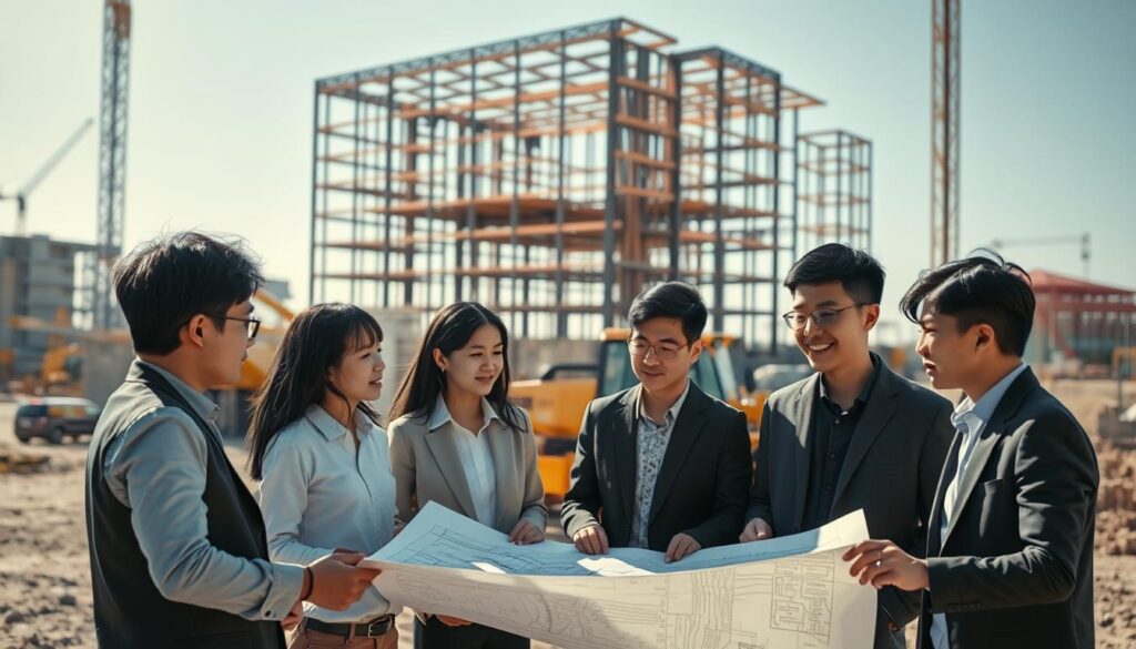 A bustling construction site, with a team of young, Japanese-looking consultants in the foreground. They are gathered around a detailed blueprint, discussing plans and exchanging ideas. The lighting is bright and natural, casting long shadows across the scene. In the middle ground, heavy machinery stands ready to begin work, while in the background, the skeletal frame of a new building rises, hinting at the scale of the project. The consultants wear professional attire, their expressions focused and determined, conveying the seriousness of their work. The overall atmosphere is one of productive collaboration and problem-solving, capturing the essence of the construction consultant's role.