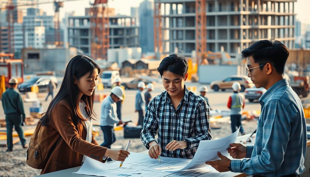 A bustling construction site, with a team of young, Japanese-looking professionals in the foreground. They are gathered around a table, poring over blueprints and discussing the intricacies of the project. The lighting is warm and natural, casting soft shadows across their faces as they collaborate. In the middle ground, engineers and architects can be seen taking measurements, while in the background, heavy machinery and partially-built structures loom, hinting at the scale and complexity of the undertaking. The atmosphere is one of focused determination, as the team works to ensure the successful completion of the construction project.