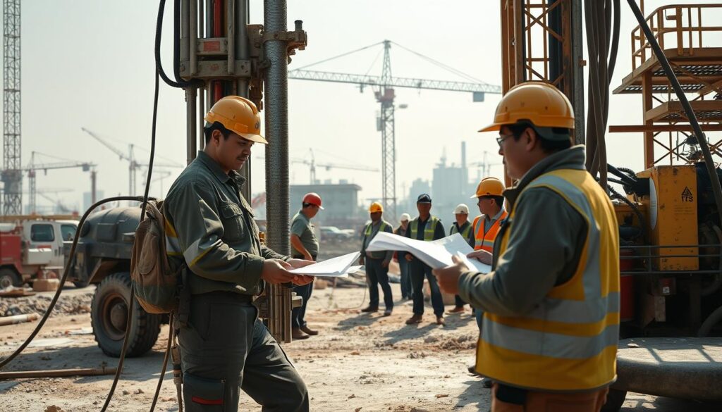 A bustling construction site, with a team of young, focused Japanese-looking workers diligently carrying out their duties as drillers. In the foreground, a worker expertly operates a high-powered drilling rig, its powerful machinery casting dynamic shadows across the scene. In the middle ground, other workers inspect blueprints, confer with site managers, and coordinate the flow of materials and equipment. In the background, a towering construction crane looms, signifying the scale and complexity of the project. The lighting is natural, with a slight haze that creates a sense of atmosphere and immersion. The overall mood is one of hard work, precision, and a well-orchestrated workflow - capturing the essence of a driller's daily operations.