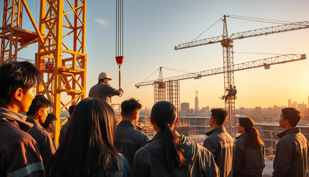 A bustling construction site with a team of young, skilled technicians diligently mastering the intricate art of tower crane operation. The scene is bathed in warm, golden light, casting long shadows that accentuate the precise movements and coordination required. In the foreground, a group of trainees, with their characteristic black hair and Japanese features, watch intently as their seasoned mentors demonstrate the delicate balance of strength, agility, and technical precision needed to maneuver the towering crane. The middle ground showcases the trainees actively engaged in hands-on practice, their faces reflecting the concentration and determination as they strive to perfect their craft. In the background, the outline of the unfinished high-rise structure serves as a testament to the importance of their specialized skills in the construction industry.