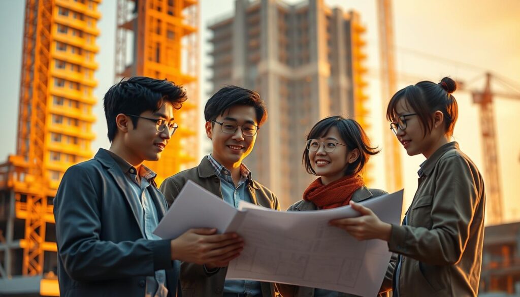 A bustling construction site with a towering building in the background, illuminated by warm, golden lighting. In the foreground, three young, determined-looking Japanese architects collaborate, exchanging ideas and sketches, their expressions conveying a sense of professional growth and camaraderie. The scene evokes a dynamic, ambitious atmosphere, capturing the essence of an architect's career progression. The models have realistic, youthful features, conveying a sense of vitality and industry. The overall composition and attention to detail create a visually striking image that effectively illustrates the "Building Architect's Career Growth" concept.