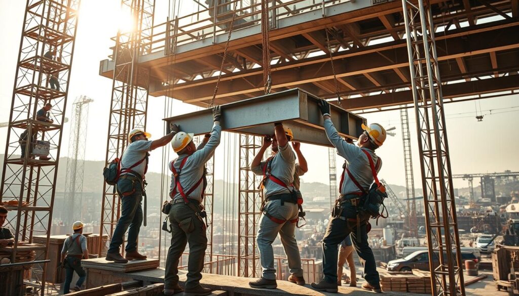 A bustling construction site, workers in hard hats and harnesses scaling scaffolding and hoisting heavy beams, the sound of machinery echoing through the air. In the center, a team of nimble "tobi" specialists - skilled at navigating heights and maneuvering loads - effortlessly guide a massive steel girder into place with precision and teamwork. Sunlight filters through the framework, casting warm shadows across their focused expressions. The scene exudes a sense of organized chaos, where each movement is deliberate and essential to the overall progress. Capturing the true essence of the "tobi" profession in action, a moment frozen in time on a dynamic, thriving construction site.