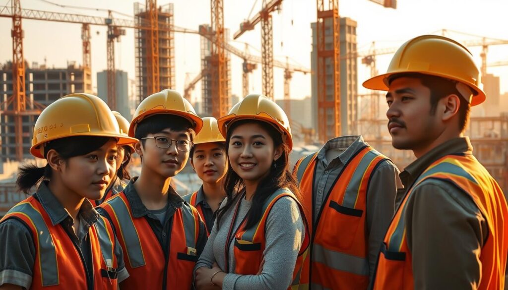 A bustling construction site, workers in hard hats and safety vests meticulously assembling a high-rise building. In the foreground, a group of young, Japanese-looking individuals gather, their expressions focused as they discuss their salaries and job prospects. The mid-ground captures the dynamic workflow, with cranes and machinery dotting the scene. Warm, golden lighting bathes the entire tableau, conveying a sense of hard-earned success and prosperity. The attention to detail in the workers' faces and the realistic rendering of the construction environment creates a compelling, immersive visual that reflects the subject of the article's section on "鳶職 の給与体系と年収の実態".