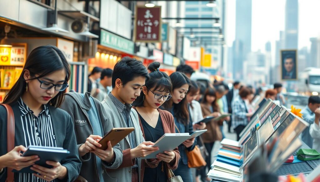 A bustling, contemporary market scene showcasing a diverse array of columnists, each intently engaged in their work. The foreground features young, stylish Japanese individuals peering intently at digital devices, laptops, and notepads, capturing the dynamic energy of the market. The middle ground reveals a vibrant mix of stalls and booths, representing the varied opportunities and trends within the columnist profession. In the background, a modern cityscape provides a sleek, urban backdrop, hinting at the evolving landscape and future prospects for columnists. The lighting is soft and natural, creating a sense of warmth and productivity. Overall, the image conveys the vibrant, fast-paced nature of the columnist market and the aspirations of those seeking to thrive in this dynamic field.
