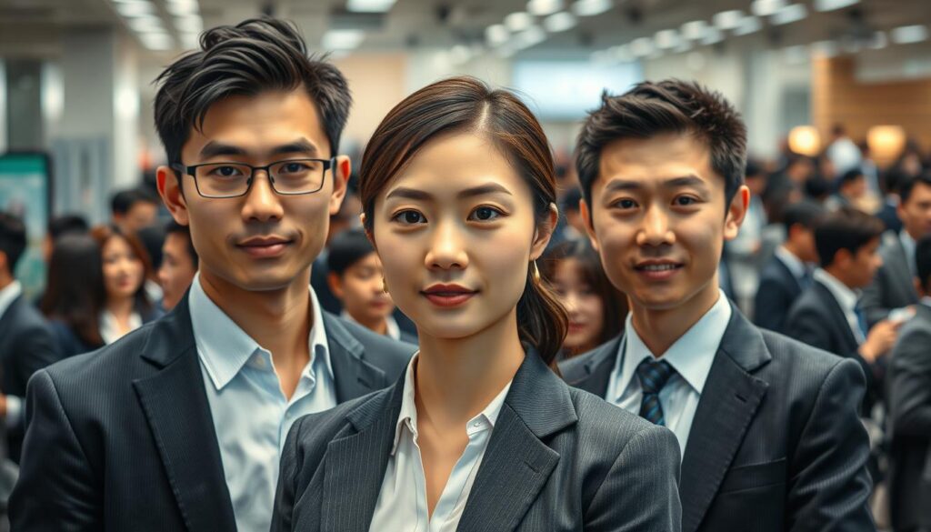 A bustling corporate office, filled with young Japanese professionals dressed in sharp business attire. In the foreground, three distinct buyers stand out, each representing a specialized field - fashion, electronics, and consumer goods. Their facial features are realistic, capturing the intensity and focus of their roles. Soft, directional lighting illuminates their expressions, conveying a sense of expertise and authority. The background is blurred, keeping the attention on the buyers and their unique skills and responsibilities. An atmosphere of professionalism and industry knowledge permeates the scene, perfectly encapsulating the essence of "バイヤーの種類と専門性".