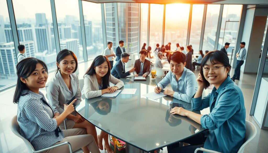 A bustling corporate office scene showcasing the vibrant career paths of ground staff. In the foreground, a group of young, dynamic Japanese professionals collaborate at a sleek glass-topped table, their expressions focused and determined. The middle ground reveals a busy open-plan workspace, with team members engrossed in their tasks, the hum of productivity palpable. The background features a panoramic view of a modern high-rise, bathed in warm, natural light filtering through large windows. An atmosphere of opportunity and growth permeates the scene, capturing the boundless potential for advancement within the ground staff profession.
