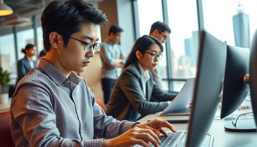 A bustling corporate office setting, bathed in warm lighting. In the foreground, a determined young copywriter furiously types away at their computer, brow furrowed in concentration. Behind them, a diverse team of creatives collaborate, brainstorming ideas on a large whiteboard. In the middle ground, seasoned copywriters mentor their junior counterparts, guiding them through the nuances of crafting impactful copy. The background depicts a panoramic view of the city skyline, symbolizing the endless possibilities and career trajectories open to skilled copywriters. The models are all youthful, with distinctive Japanese features, their expressions reflecting the focused intensity and ambition of the copywriting profession.